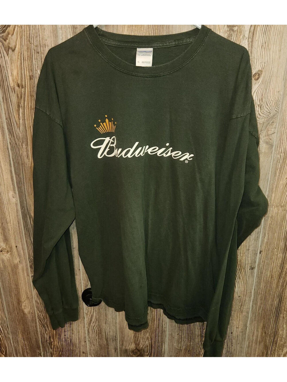Budweiser Bud Beer Crown Logo Long Sleeve Promo T-shirt Size XL Olive Green